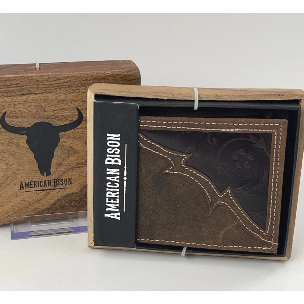 AMERICAN BISON Leather Wallet Bifold Tooled Stitched Embossed Billfold Brown NEW